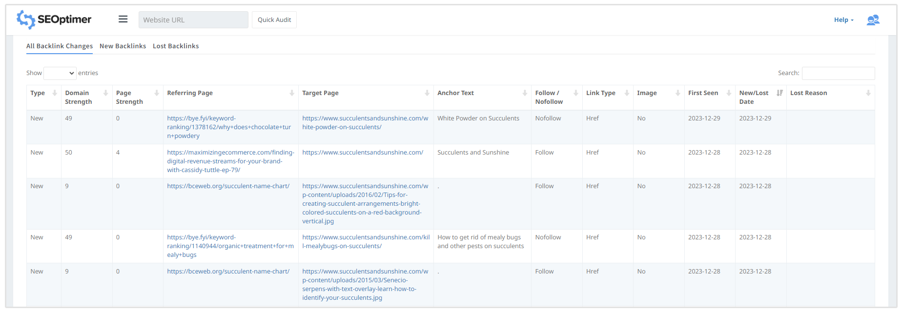 Spaltenänderungen für Backlinks